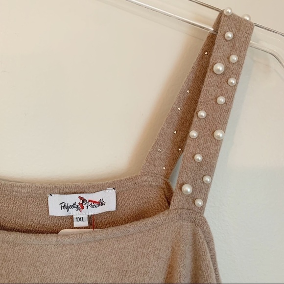 Perfectly Priscilla SHES PERFECT Taupe Knit Pearl Open Shoulder Sweater Plus 1XL - Picture 3 of 8